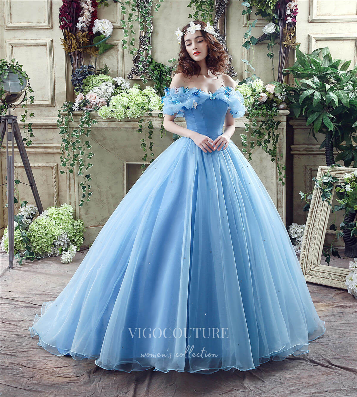 Dusty Blue Ball Gown Prom Evening Dress with Off the Shoulder Neckline